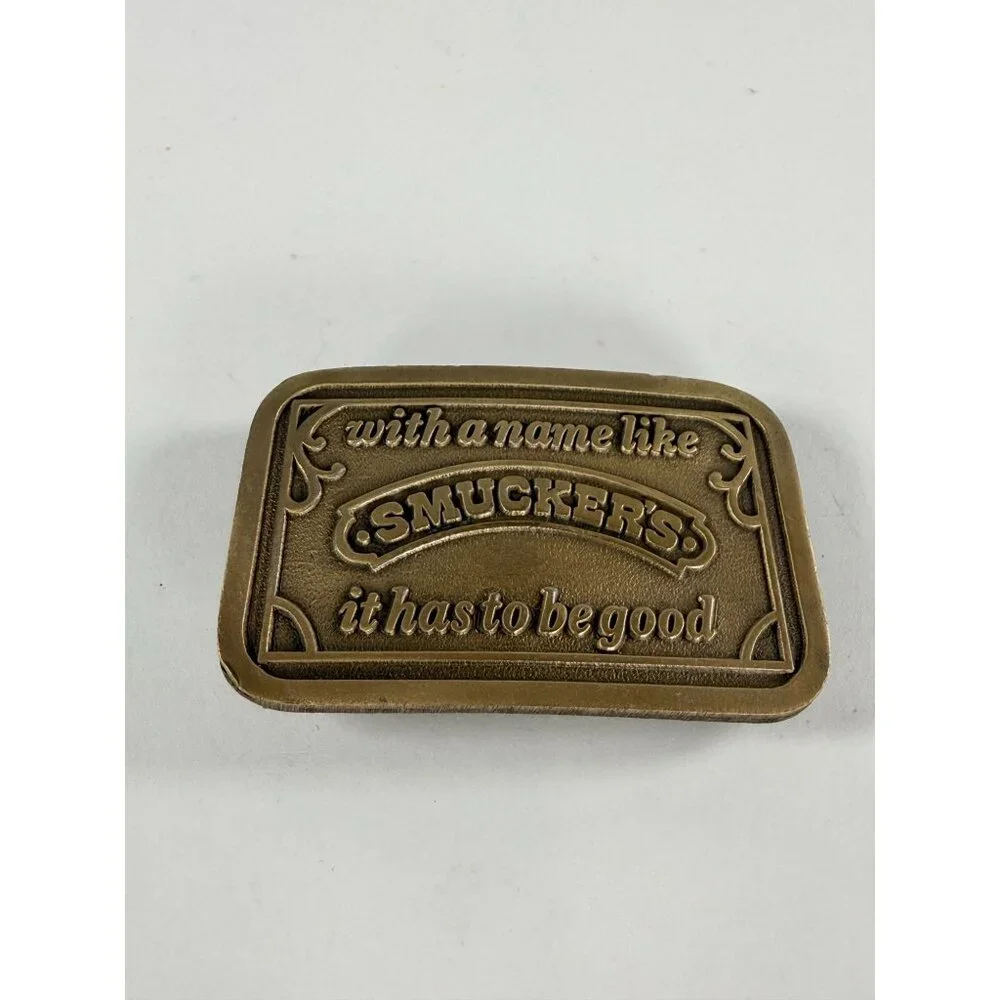 Vintage Smuckers Advertising Brass Belt Buckle Jelly Jam Sandwich Collectible
